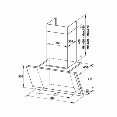 kích thước của máy hút mùi gắn tường mặt kính vân Hafele HH-WVS90A 533.86.003